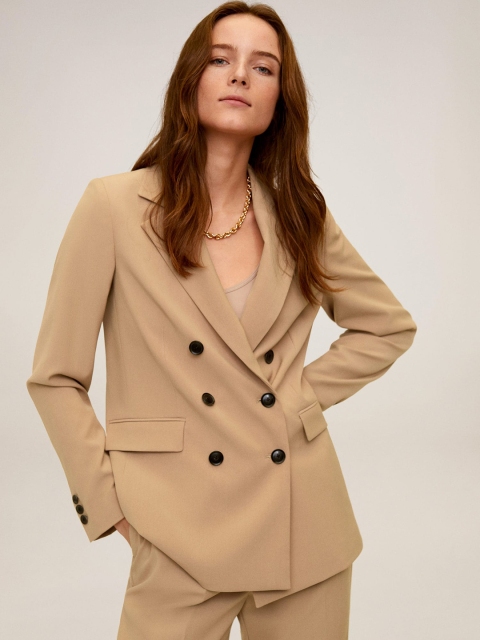 

MANGO Women Beige Solid Double-Breasted Casual Blazer