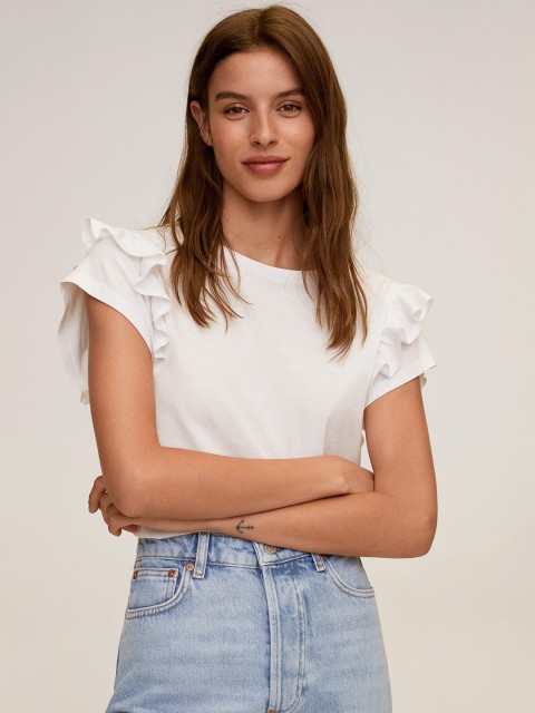

MANGO Women White Solid Ruffled Top