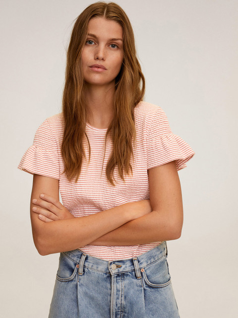 

MANGO Women Mauve & Off-White Striped Top