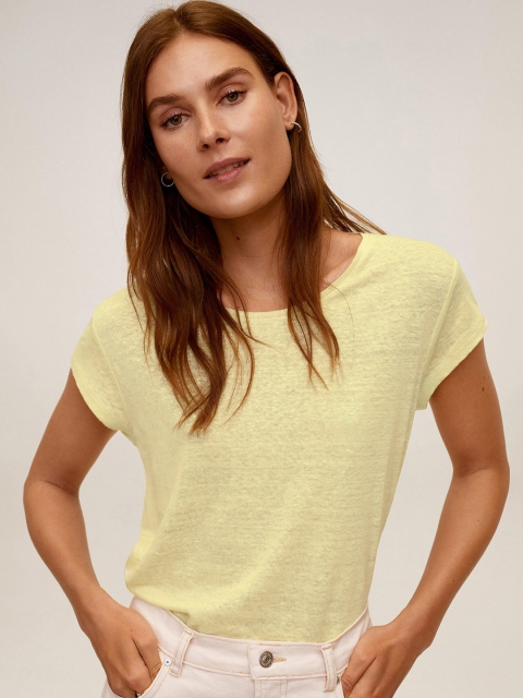 

MANGO Women Yellow Solid Linen Round Neck T-shirt