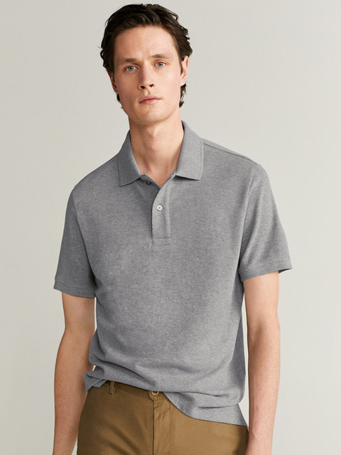 

MANGO MAN Grey Melange Solid Polo Collar T-shirt