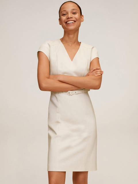 

MANGO Women Cream-Coloured Solid Sheath Dress