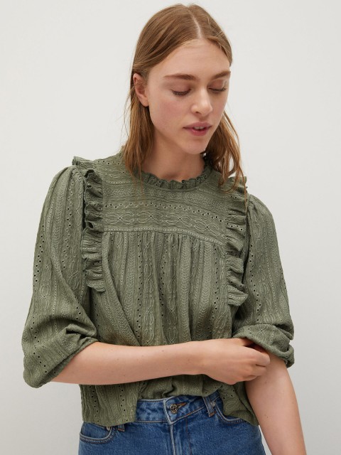 

MANGO Women Olive Green Self Design Top