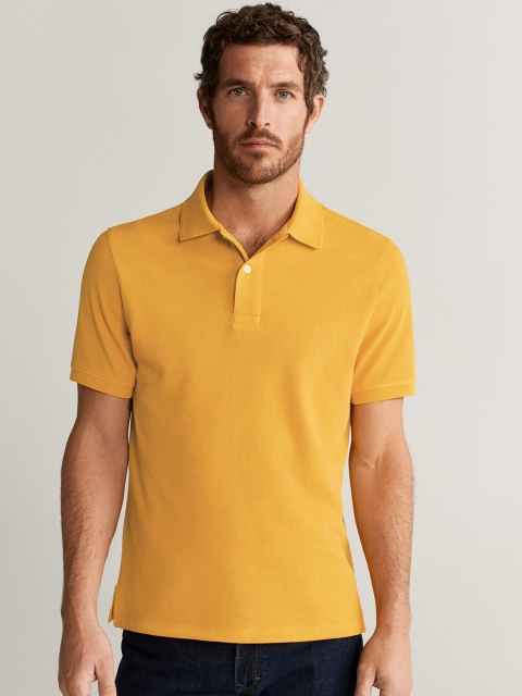 

MANGO MAN Mustard Yellow Slim Fit Solid Polo Collar T-shirt