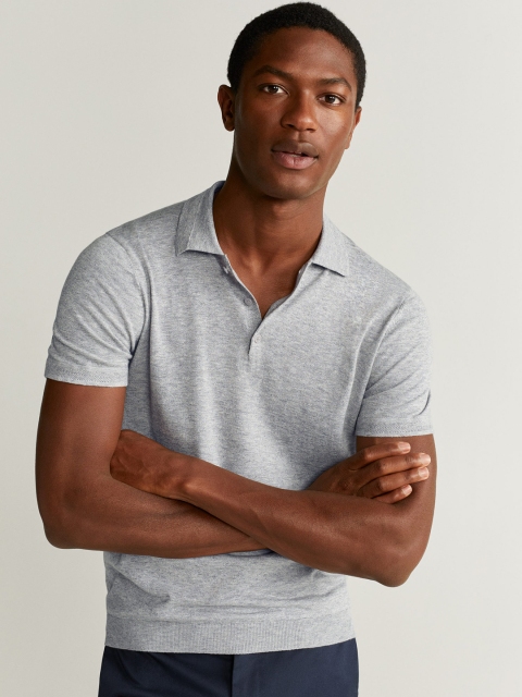 

MANGO MAN Grey Melange Solid Polo Collar T-shirt