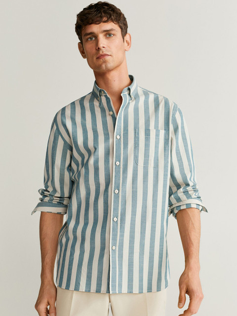 

MANGO MAN Green & Off-White Regular Fit Striped Casual Shirt