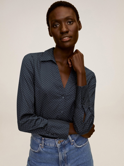 

MANGO Women Navy Blue & Off-White Regular Fit Printed Casual Shirt