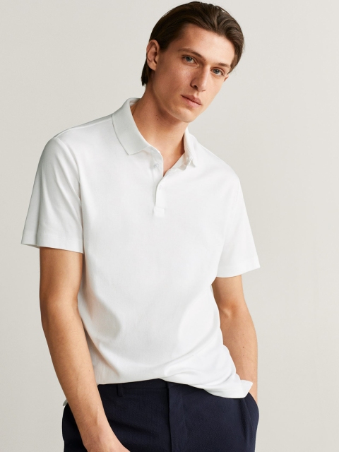 

MANGO MAN White Solid Slim Fit Polo Collar T-shirt
