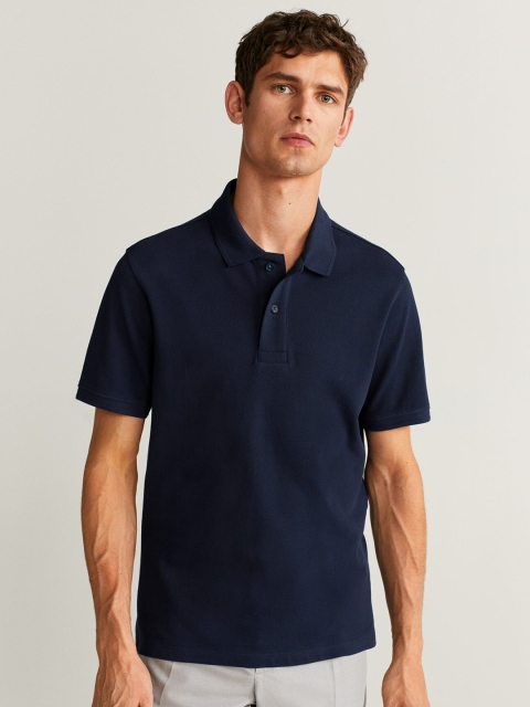 

MANGO MAN Navy Blue Solid Polo Collar T-shirt