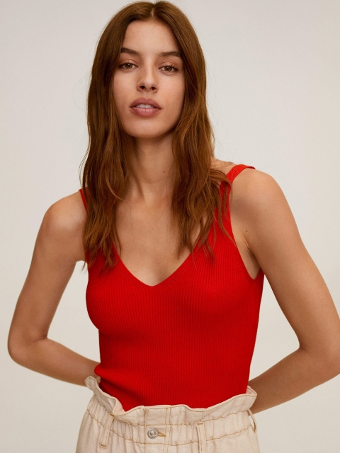 

MANGO Women Red Ribbed Top