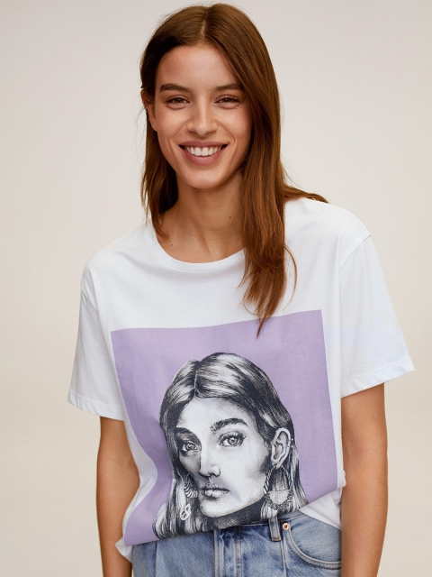 

MANGO Women White & Lavender Printed Round Neck T-shirt