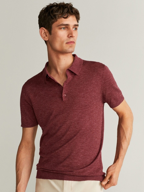 

MANGO MAN Maroon Solid Polo Collar T-shirt