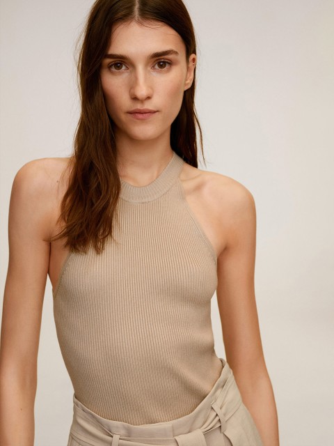 

MANGO Women Beige Ribbed Fitted Top
