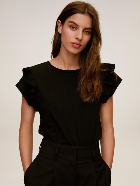 

MANGO Women Black Solid Ruffled Top