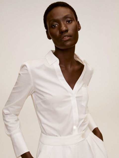 

MANGO Women White Regular Fit Solid Knitted Casual Shirt