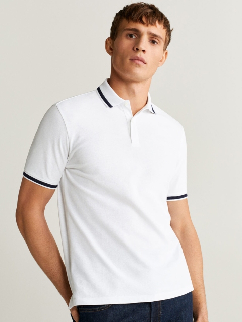 

MANGO MAN White Solid Polo Collar T-shirt