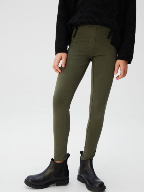 

Mango Kids Girls Olive Green Solid Treggings