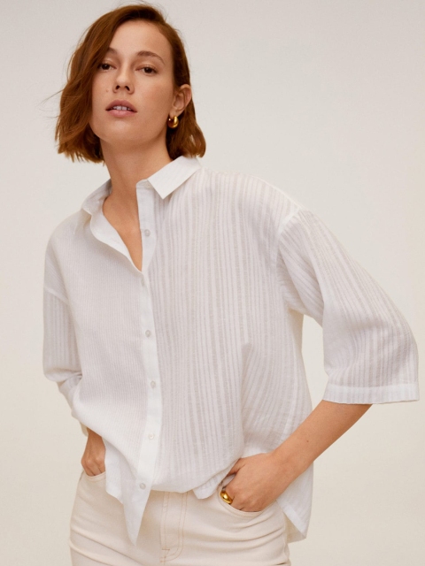 

MANGO Women White Regular Fit Self Striped Casual Shirt