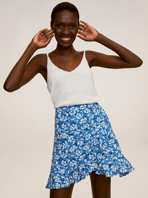 

MANGO Women Blue & White Floral Print Tulip Skirt
