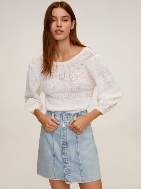 

MANGO Women Blue Washed Denim A-Line Pure Cotton Skirt