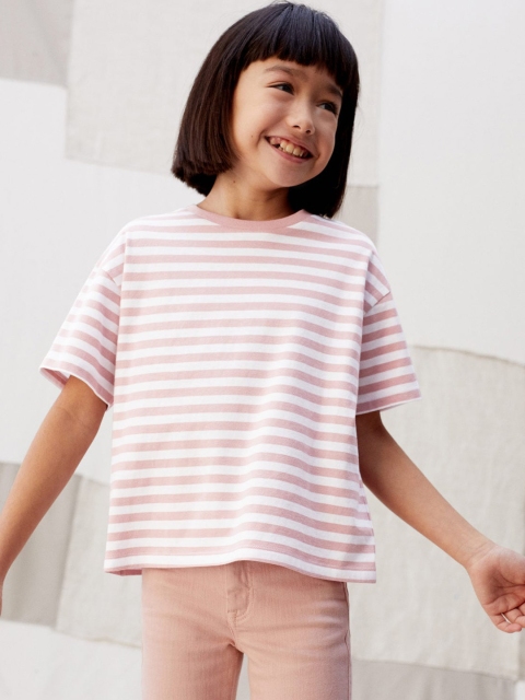 

Mango Kids Girls Pink & White Striped Round Neck T-shirt