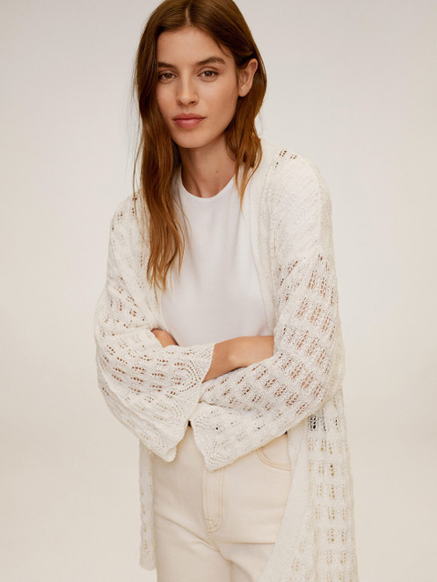 

MANGO Women White Open Knit Longline Front-Open Sweater