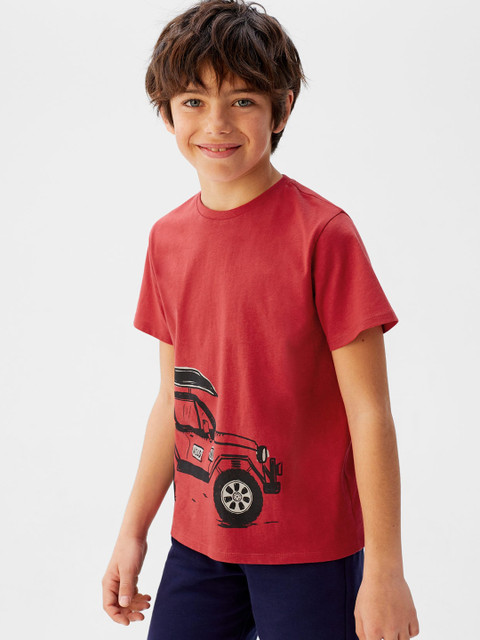

Mango Kids Boys Red & Black Placement Car Print Round Neck T-shirt