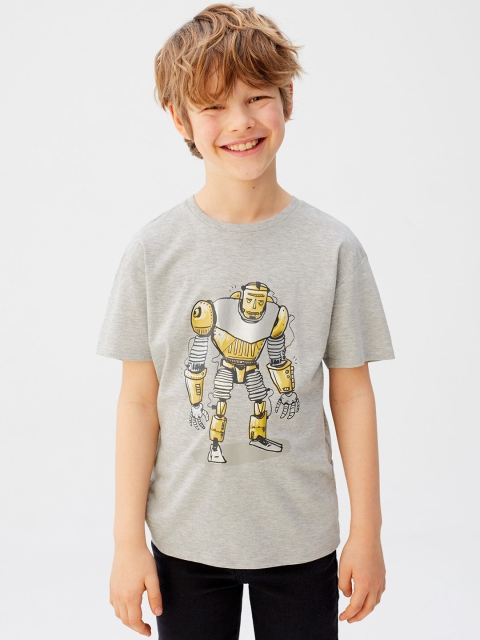 

Mango Kids Boys Grey Melange Robot Print Round Neck T-shirt
