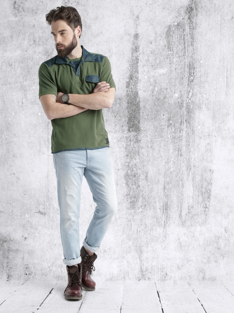 RDSTR Men Olive Green Solid Polo Collar T-shirt