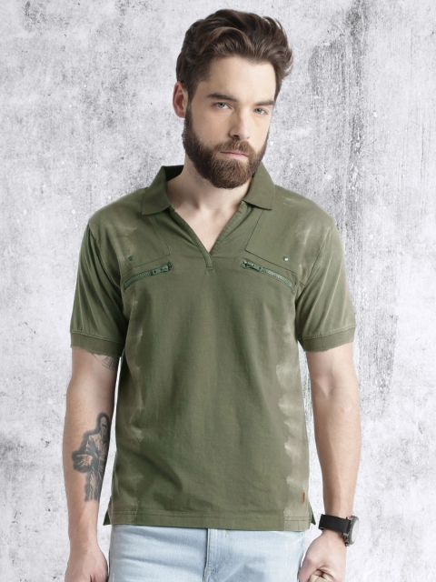 

RDSTR Men Olive Grreen Washed Polo Collar T-shirt