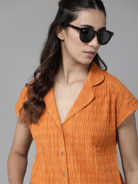 

Roadster Women Rust Orange Pure Cotton Regular Fit Self-Striped Casual Shirt
