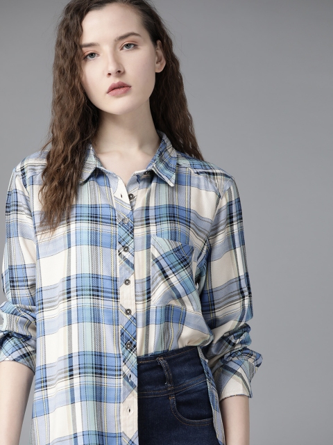 

Roadster Women Off-White & Blue Regular Fit Checked Casual Shirt