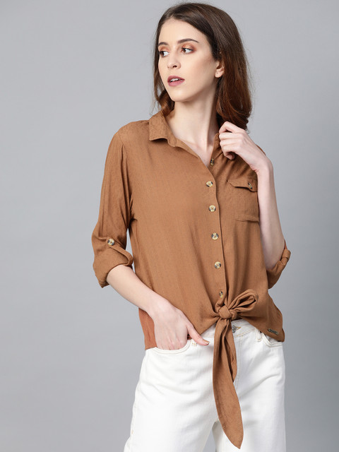 

Roadster Women Brown Regular Fit Self Tie up Casual Shirt