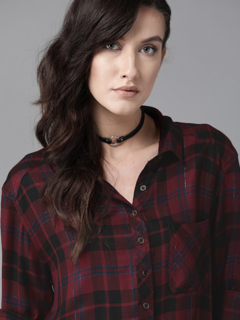 

Roadster Women Maroon & Black Regular Fit Checked Casual Shirt