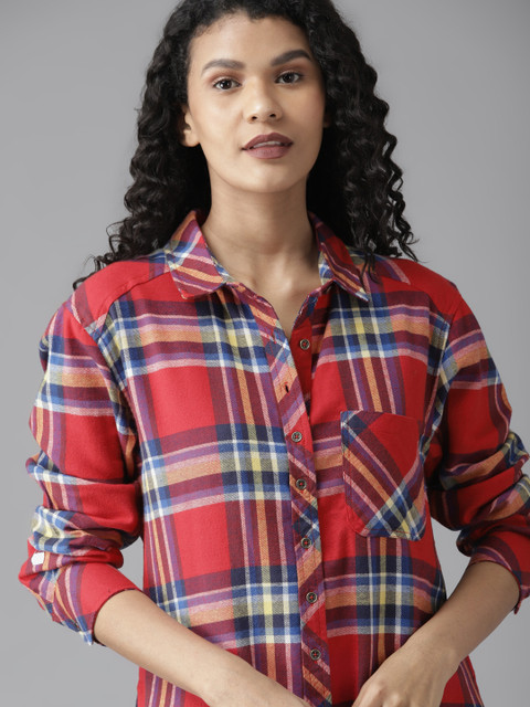 

Roadster Women Pink & Blue Pure Cotton Regular Fit Checked Flannel Casual Shirt