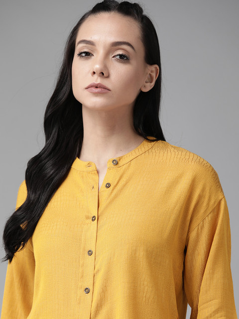 

Roadster Women Mustard Yellow Self-Design High-Low Casual Shirt