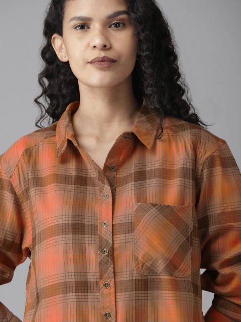 

Roadster Women Brown & Orange Regular Fit Checked High-Low Casual Shirt