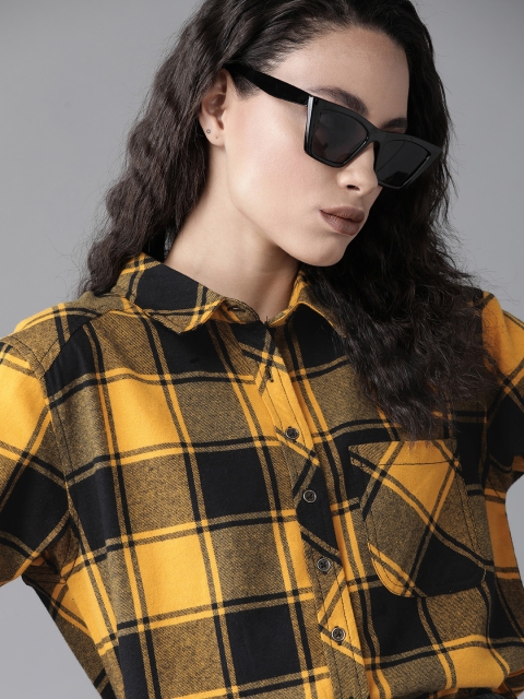 

Roadster Women Mustard Yellow & Black Cotton Regular Fit Checked High-Low Casual Shirt