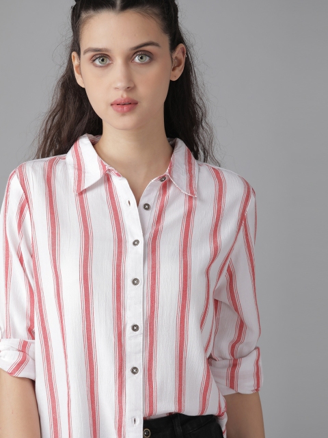 

Roadster Women White & Red Regular Fit Striped Casual Shirt