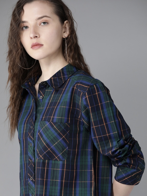 

Roadster Women Blue & Black Pure Cotton Regular Fit Checked Casual Shirt