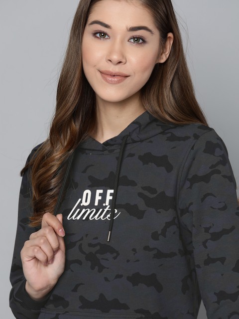 

Harvard Women Black Camouflage Printed Pure Cotton Hooded Sweatshirt