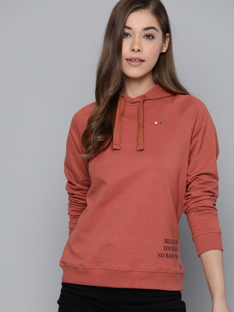 

Harvard Women Rust Orange Printed Detail Pure Cotton Hooded Sweatshirt