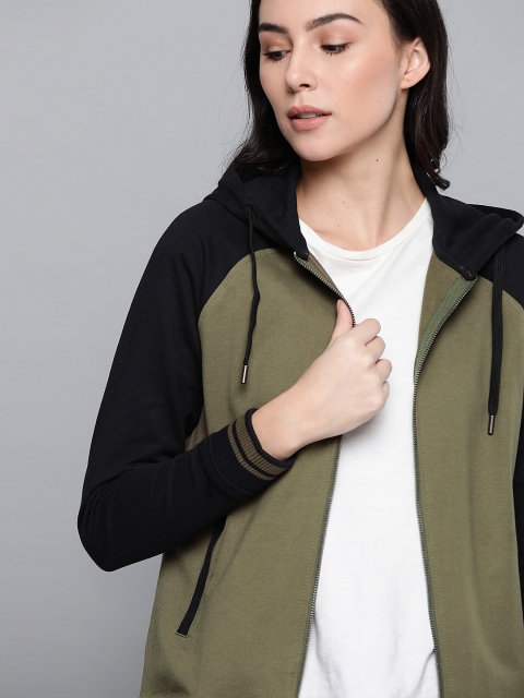 

Harvard Women Olive Green & Black Solid Hooded Sweatshirt