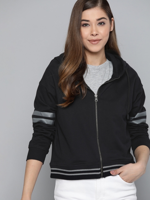 

Harvard Women Black Solid Pure Cotton Hooded Sweatshirt