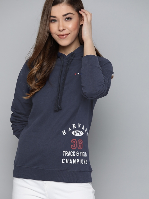 

Harvard Women Navy Blue Printed Detail Pure Cotton Hooded Sweatshirt