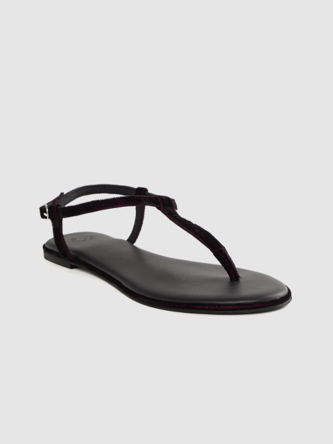

House of Pataudi Women Black & Purple Velvet Finish Solid Handcrafted T-Strap Flats