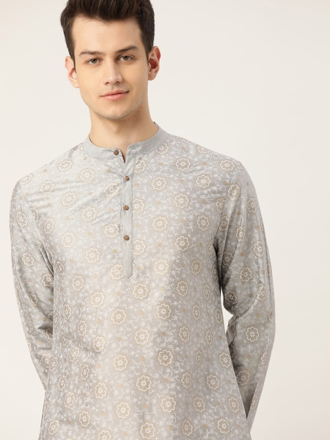 

House of Pataudi Men Grey & White Printed Straight Kurta