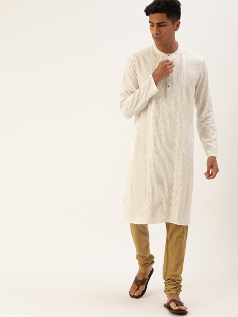 

House of Pataudi Men Off-White & Beige Woven Design Pleated Straight Kurta