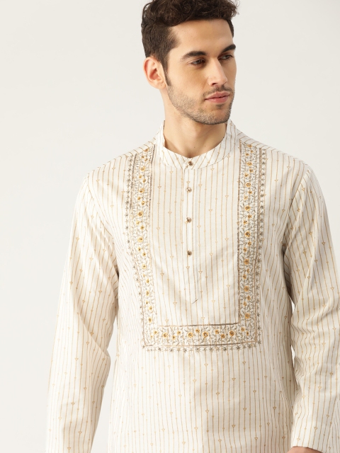 

House of Pataudi Men Off White & Golden Striped Viscose Nylon Straight Kurta