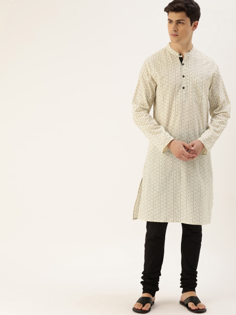 

House of Pataudi Men Cream-Coloured & Black Woven Design Straight Kurta